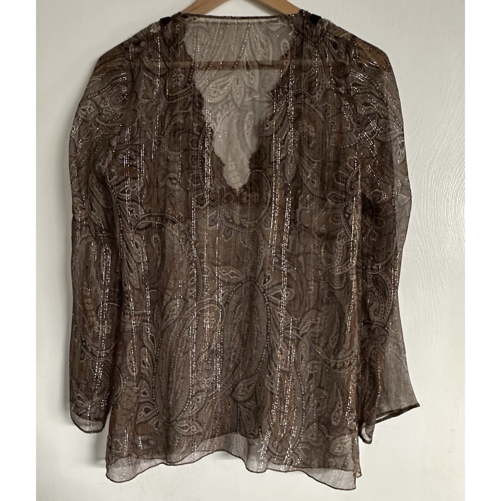 Y2K Bohemian Sheer Blouse Metallic Thread Deep V Velvet Ribbon Trim Sequins READ - Picture 3 of 12